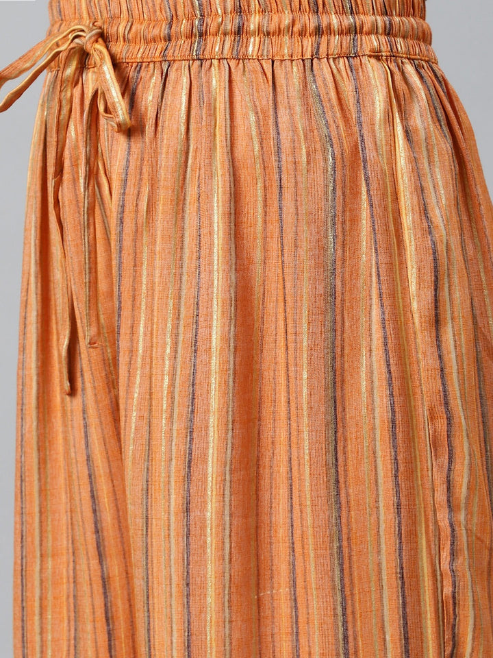 Made to Measure Cut Dana Embroidered Kurta Set With Gold Paint & Striped Pallazos