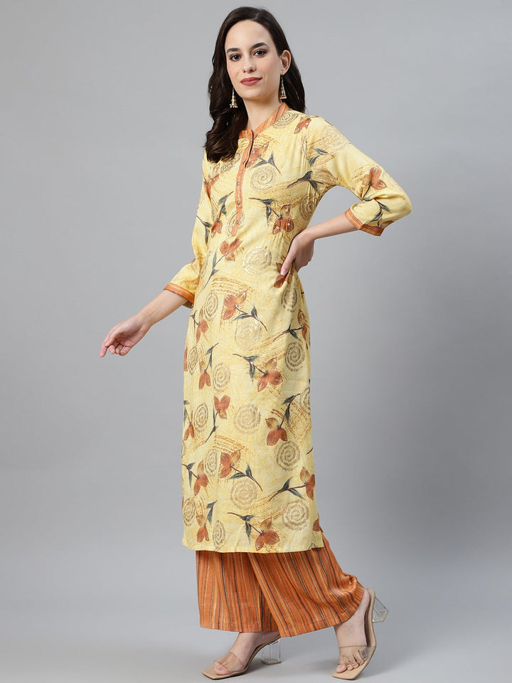 Made to Measure Cut Dana Embroidered Kurta Set With Gold Paint & Striped Pallazos