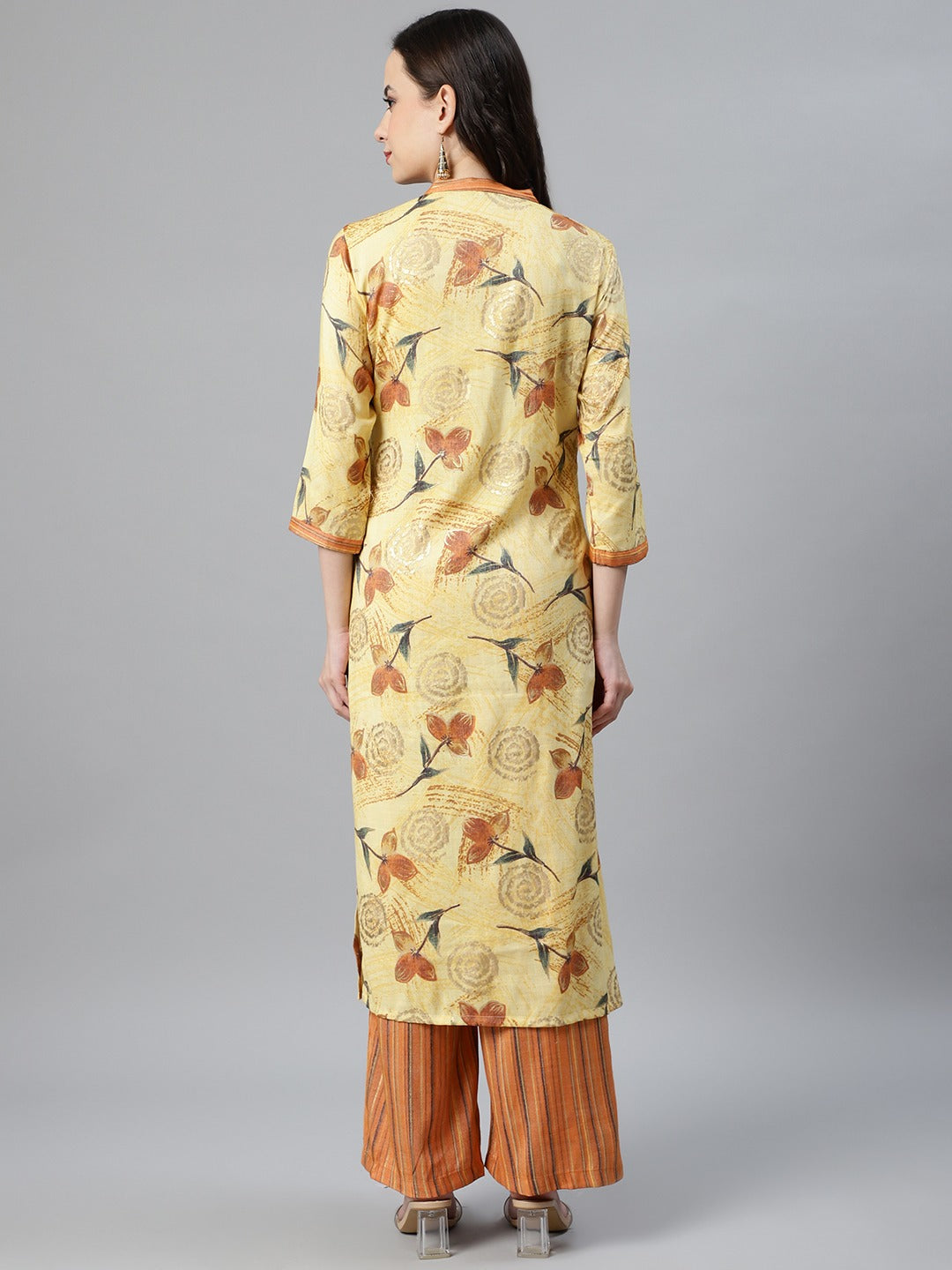 Made to Measure Cut Dana Embroidered Kurta Set With Gold Paint & Striped Pallazos