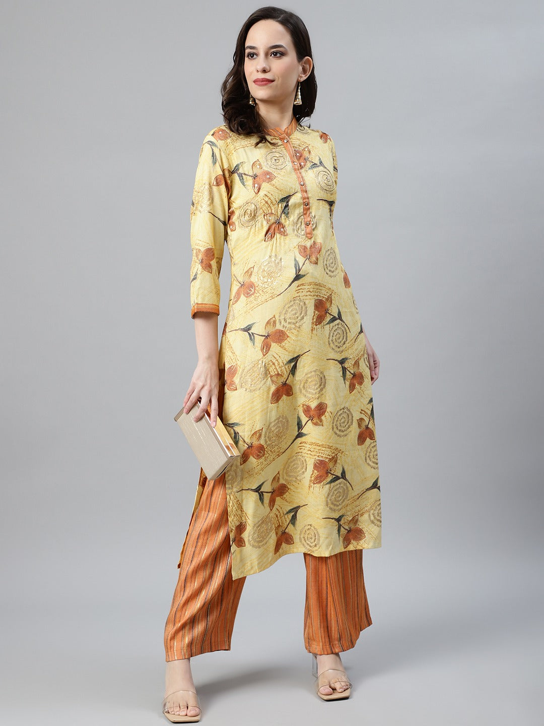 Made to Measure Cut Dana Embroidered Kurta Set With Gold Paint & Striped Pallazos