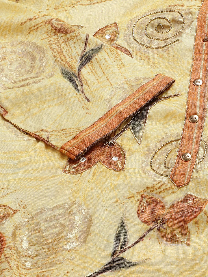 Made to Measure Cut Dana Embroidered Kurta Set With Gold Paint & Striped Pallazos