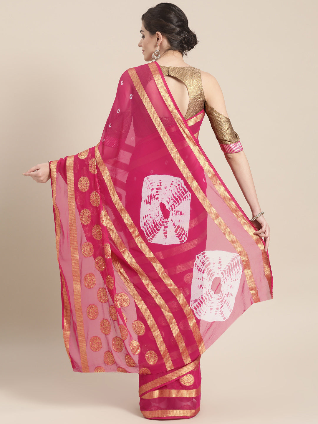 Chiffon Crystal Embellished Bandhej Saree with Zari Peacock Motifs