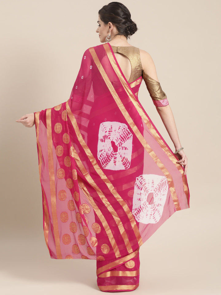 Chiffon Crystal Embellished Bandhej Saree with Zari Peacock Motifs