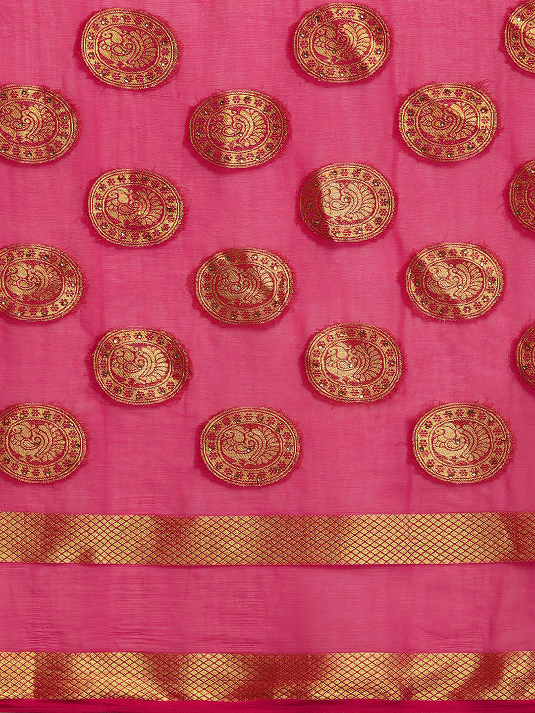 Chiffon Crystal Embellished Bandhej Saree with Zari Peacock Motifs