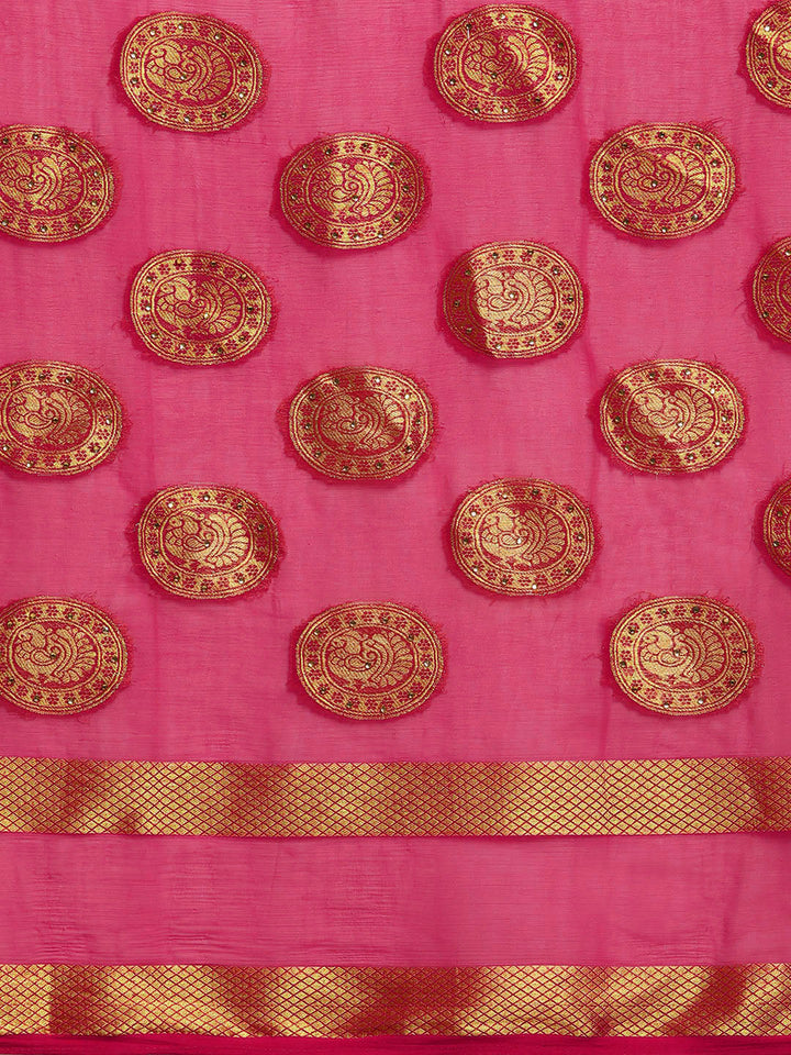 Chiffon Crystal Embellished Bandhej Saree with Zari Peacock Motifs