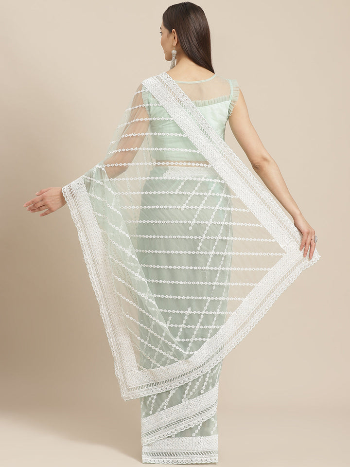 Net Scalloped Cocktail Saree with Resham White Embroidery and Crystal embellishments