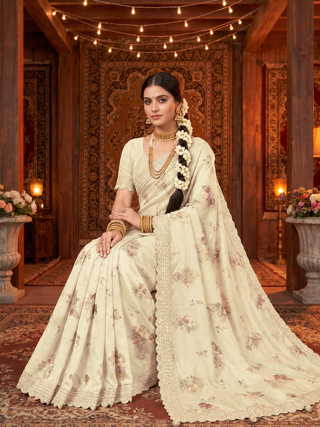 Cream Floral Printed Organza Saree with Sequin Embroidered Border