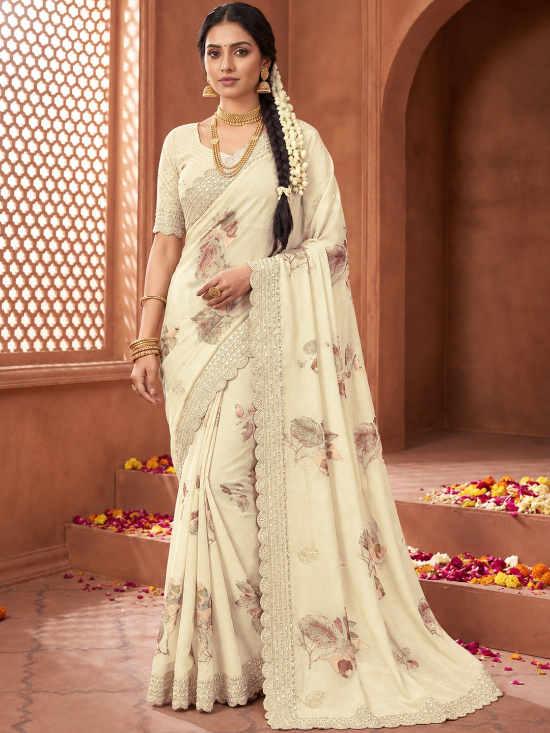 Cream Floral Printed Organza Saree with Sequin Embroidered Border