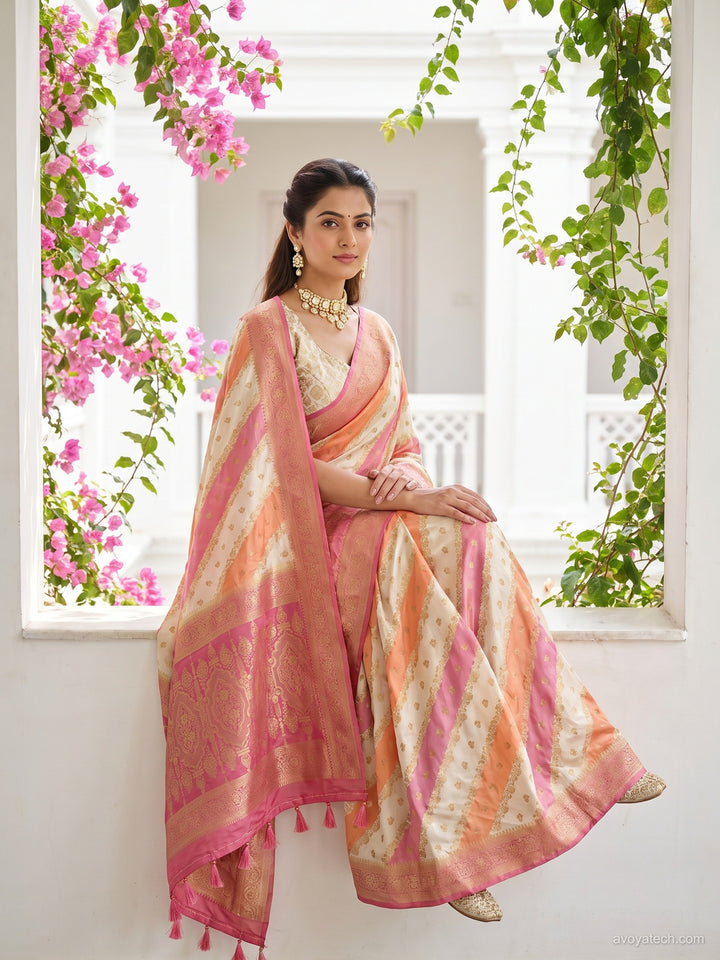 Ivory & Pink Striped Banarasi Silk Saree with Zari Border and Blouse Piece