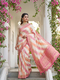 Ivory & Pink Striped Banarasi Silk Saree with Zari Border and Blouse Piece