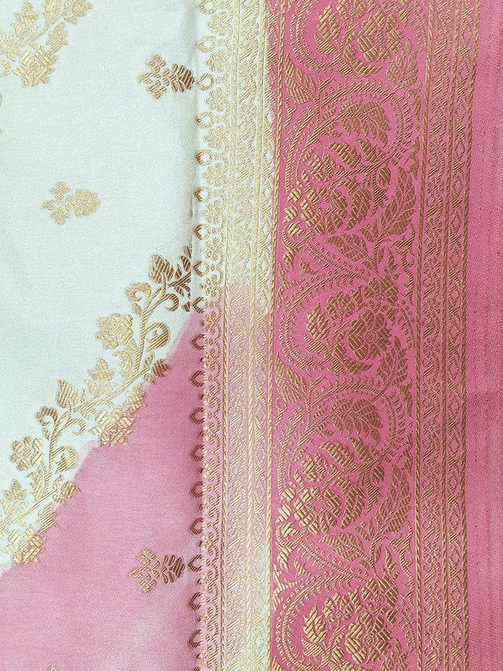 Ivory & Pink Striped Banarasi Silk Saree with Zari Border and Blouse Piece