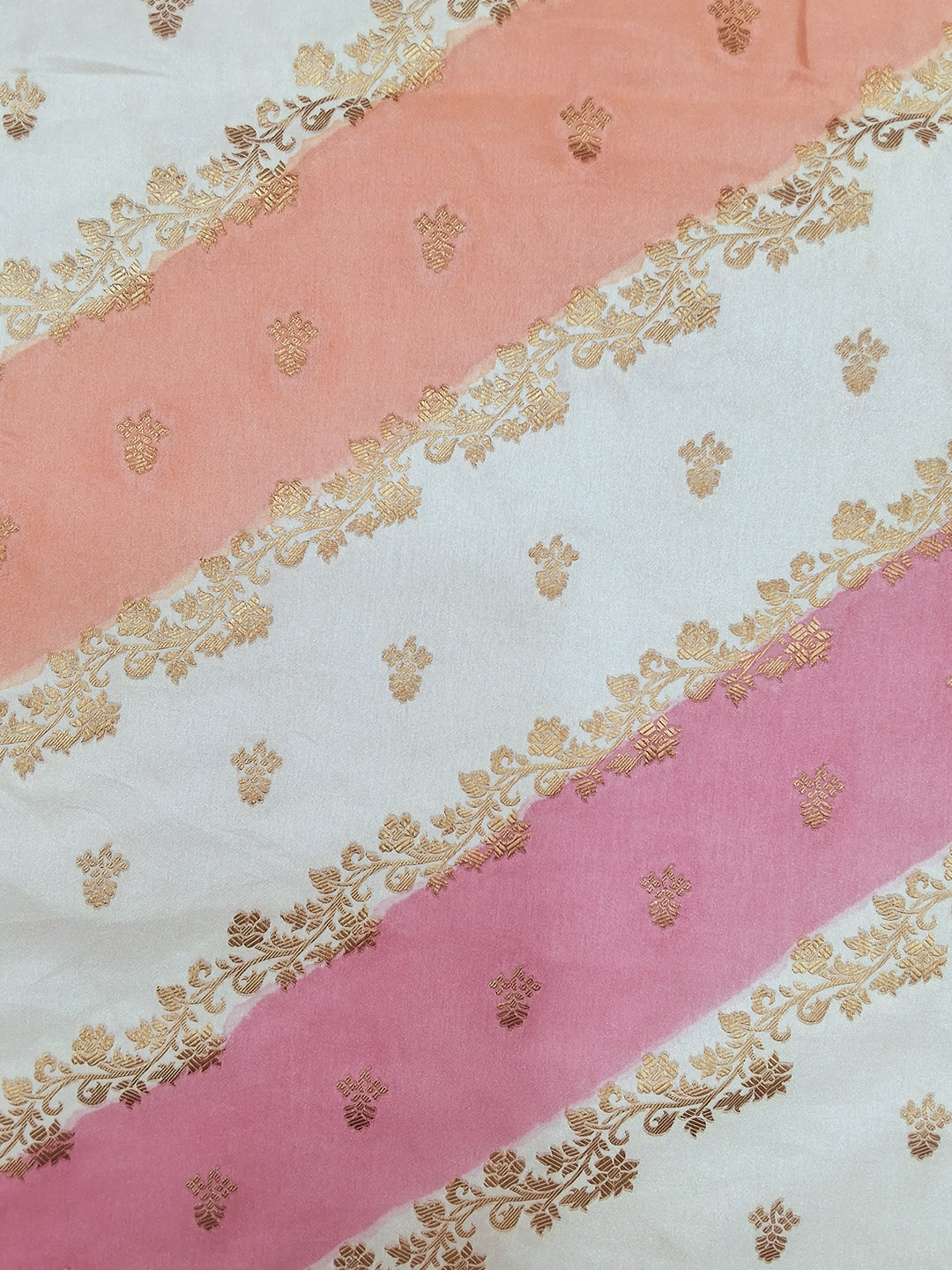 Ivory & Pink Striped Banarasi Silk Saree with Zari Border and Blouse Piece