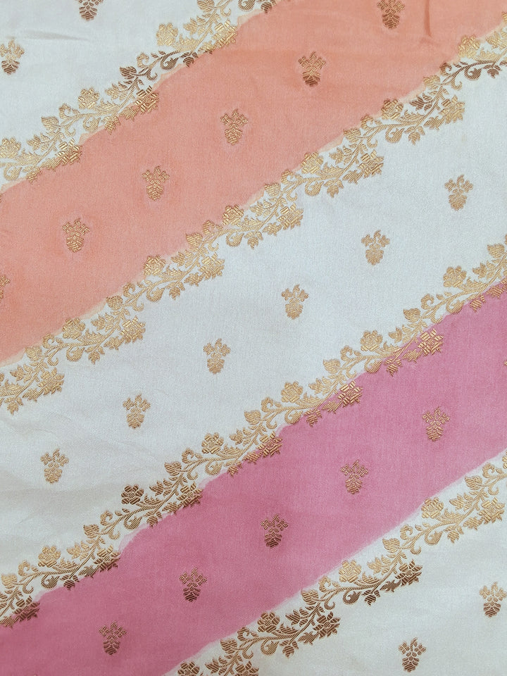 Ivory & Pink Striped Banarasi Silk Saree with Zari Border and Blouse Piece