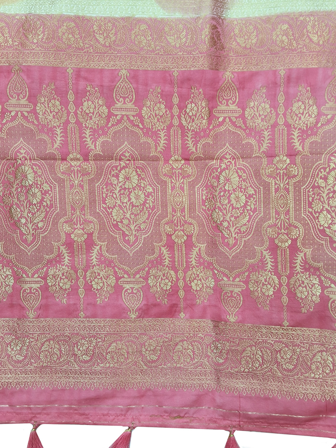 Ivory & Pink Striped Banarasi Silk Saree with Zari Border and Blouse Piece