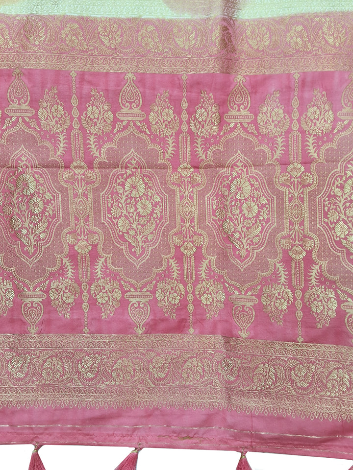 Ivory & Pink Striped Banarasi Silk Saree with Zari Border and Blouse Piece