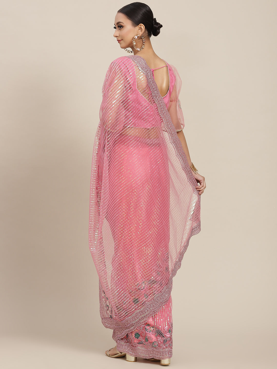 Pastel Pink Sequin Embellished Resham Embroidered Festive Saree