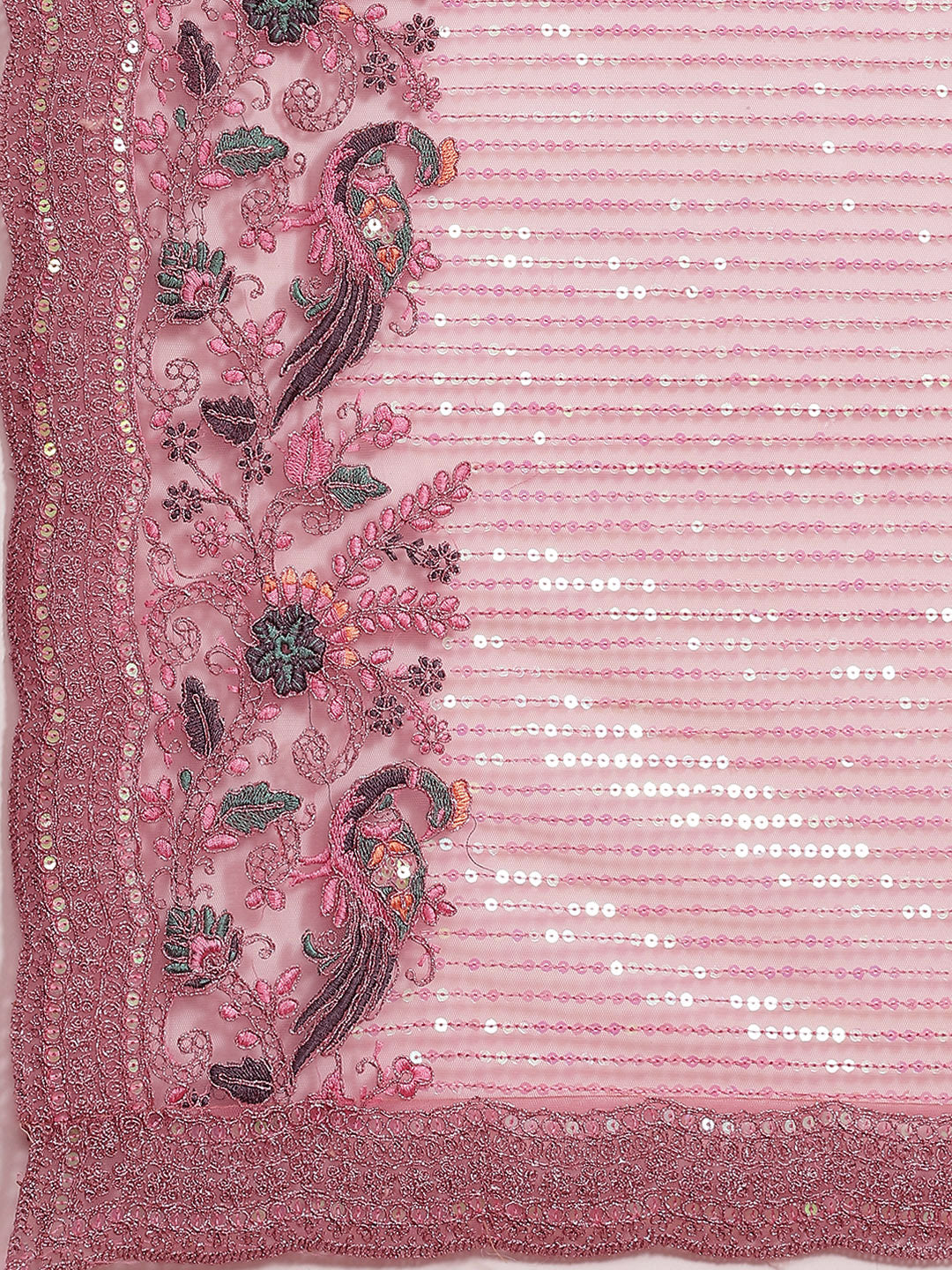 Pastel Pink Sequin Embellished Resham Embroidered Festive Saree