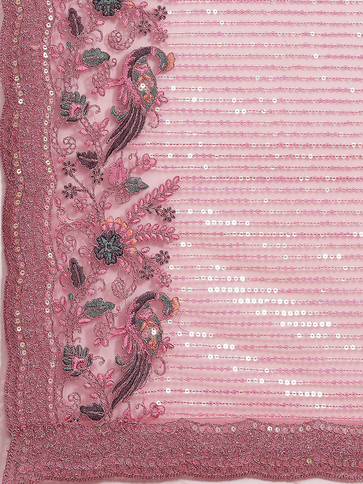Pastel Pink Sequin Embellished Resham Embroidered Festive Saree