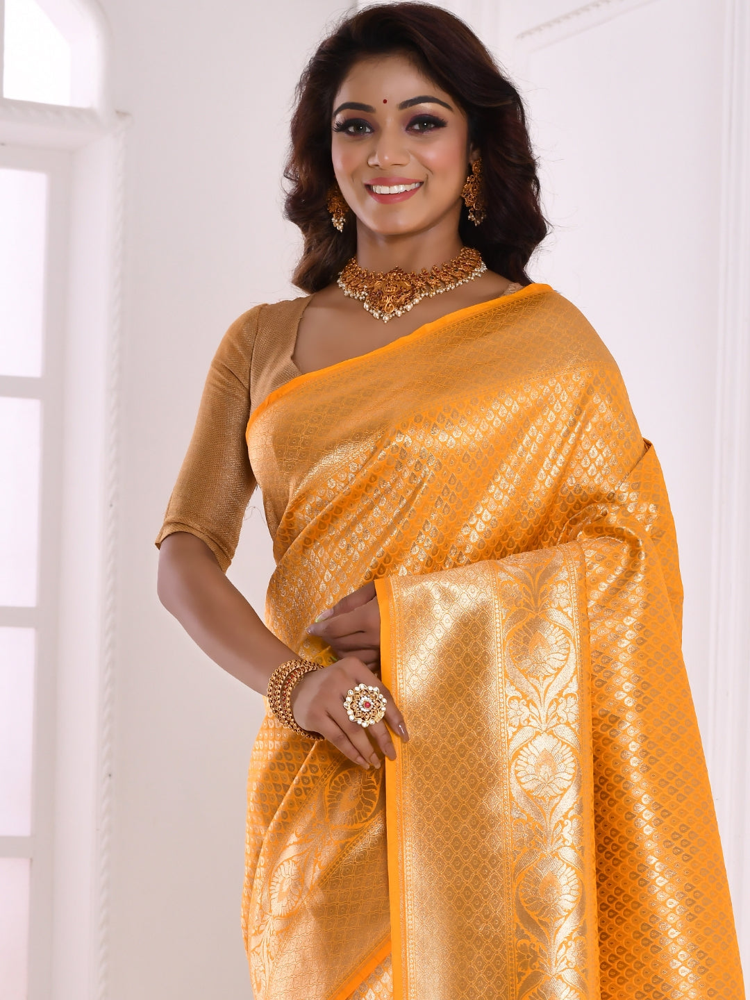 Yellow & Gold Toned Ethnic Motifs Zari Silk Blend Banarasi Saree