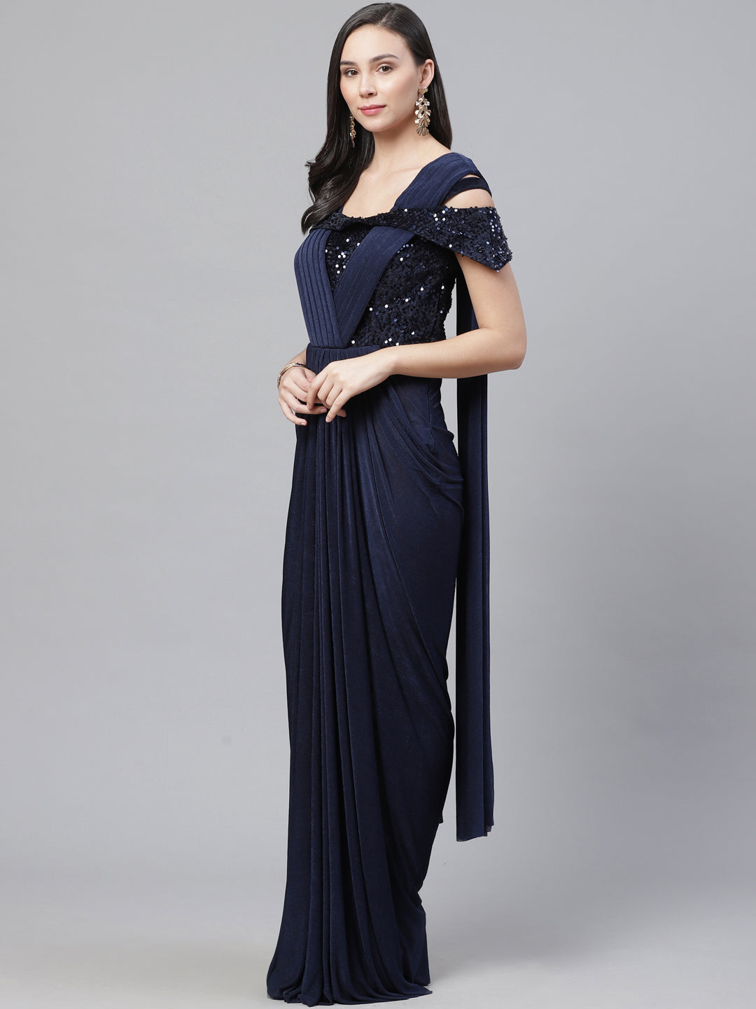Ruffled Pre-stitched Saree gown with Festive Cowl style Layering and Sequence Bling