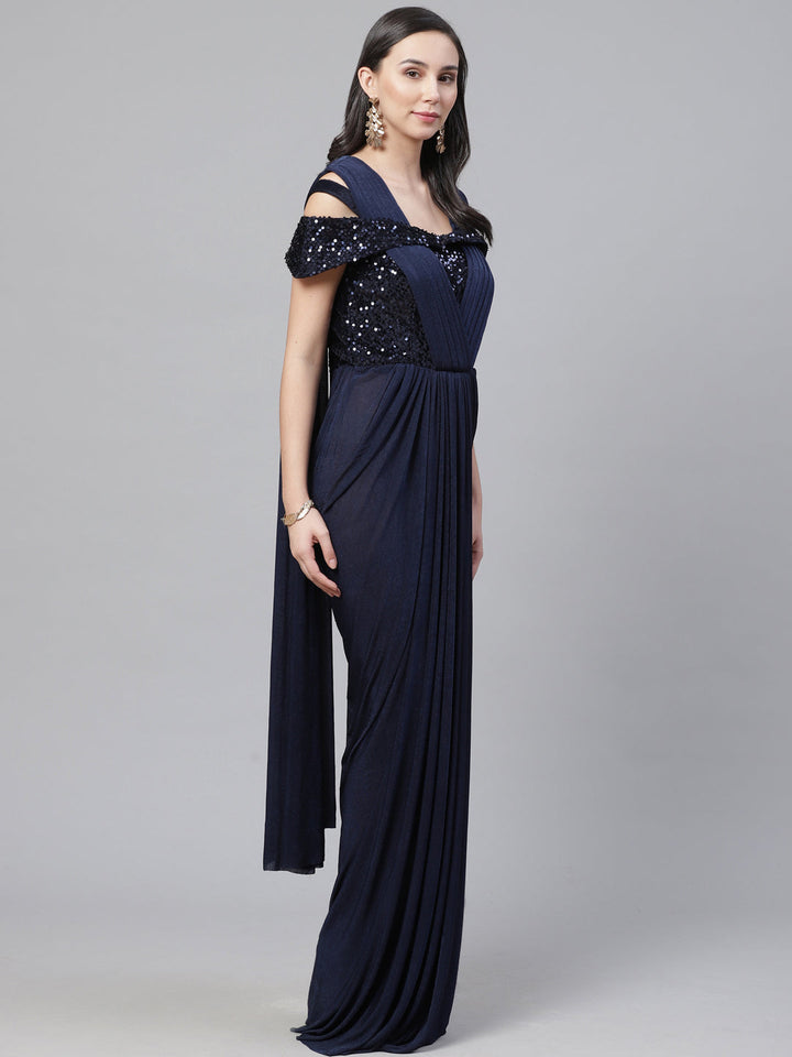 Ruffled Pre-stitched Saree gown with Festive Cowl style Layering and Sequence Bling