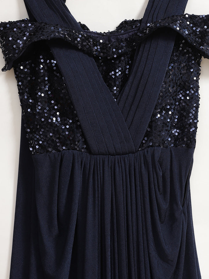 Ruffled Pre-stitched Saree gown with Festive Cowl style Layering and Sequence Bling