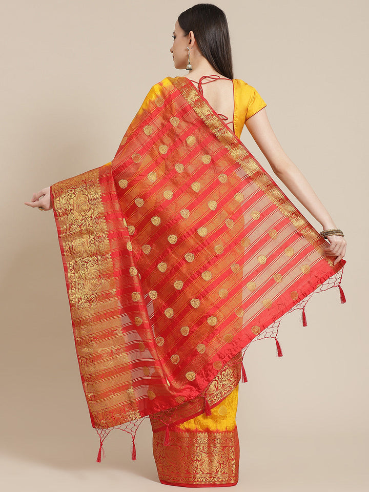 Mustard & Red B&hani Dyed saree with Zari Brocade Weaving border