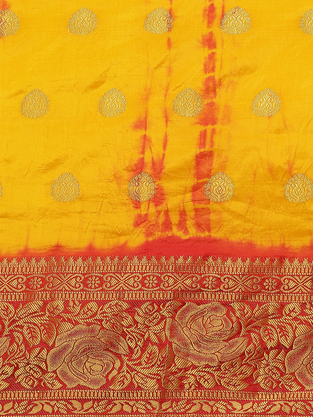 Mustard & Red B&hani Dyed saree with Zari Brocade Weaving border