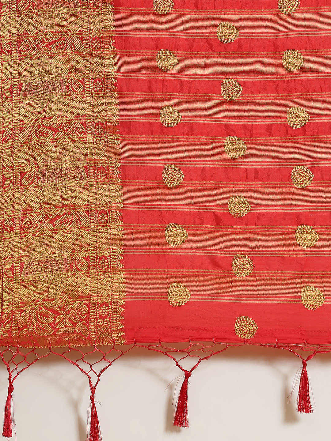 Mustard & Red B&hani Dyed saree with Zari Brocade Weaving border