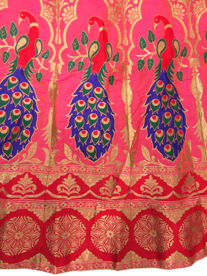 Magenta & Green Peacock Design Embroidered Banarasi Silk Lehenga Choli & Dupatta