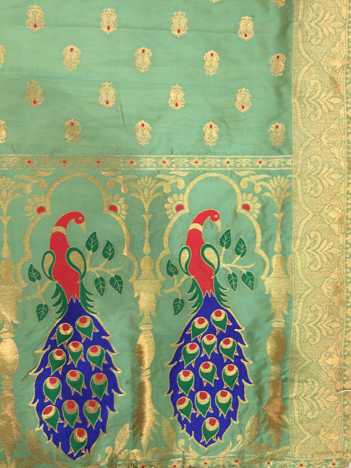 Magenta & Green Peacock Design Embroidered Banarasi Silk Lehenga Choli & Dupatta