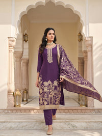 Purple Zari Embroidered Palace Motif Dress Material with Woven Dupatta