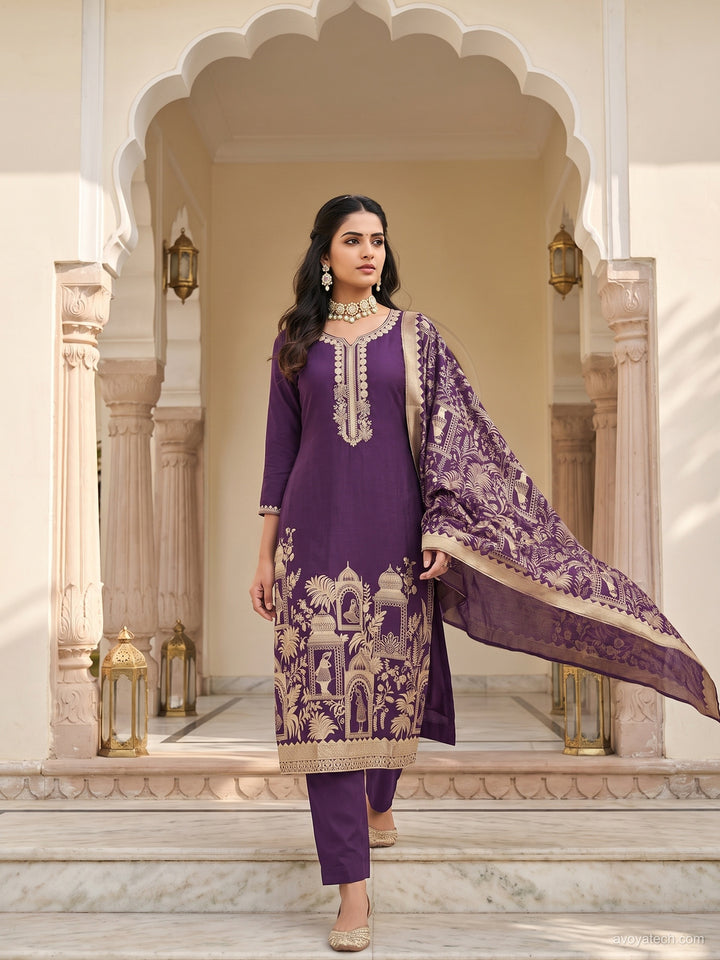 Purple Zari Embroidered Palace Motif Dress Material with Woven Dupatta