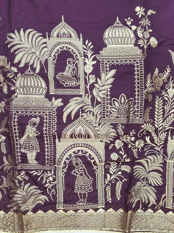 Purple Zari Embroidered Palace Motif Dress Material with Woven Dupatta