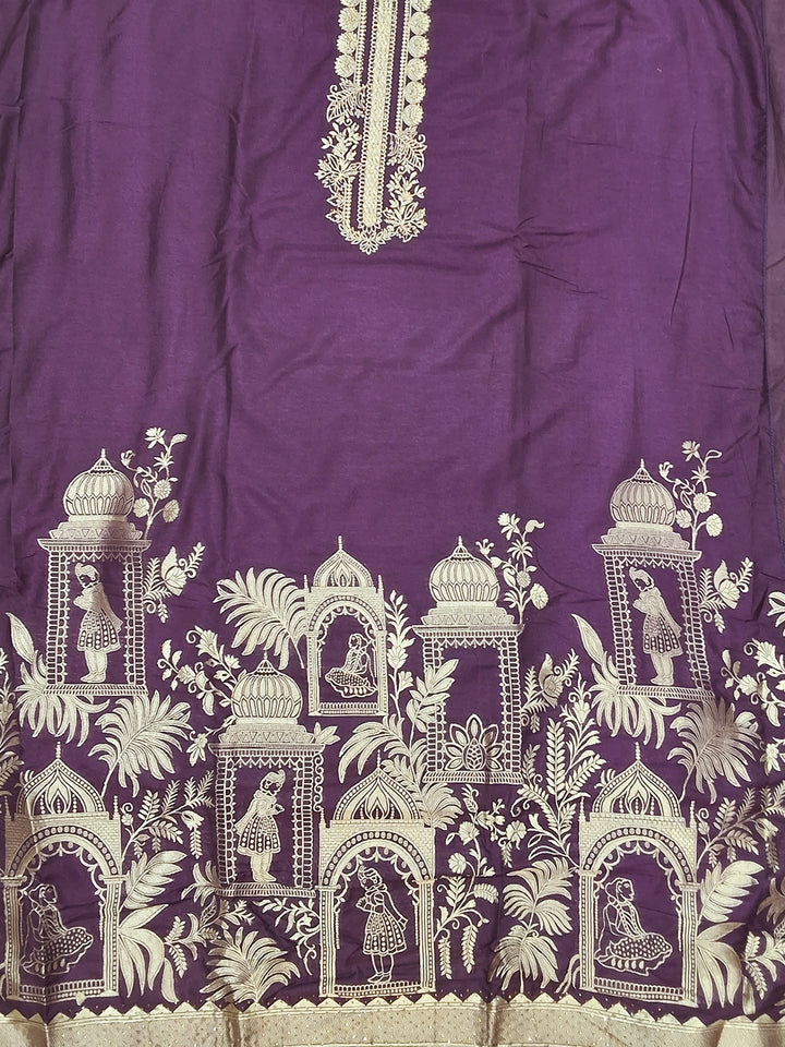 Purple Zari Embroidered Palace Motif Dress Material with Woven Dupatta
