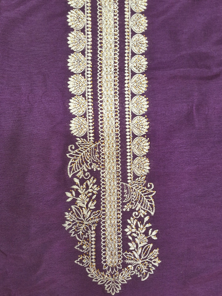 Purple Zari Embroidered Palace Motif Dress Material with Woven Dupatta