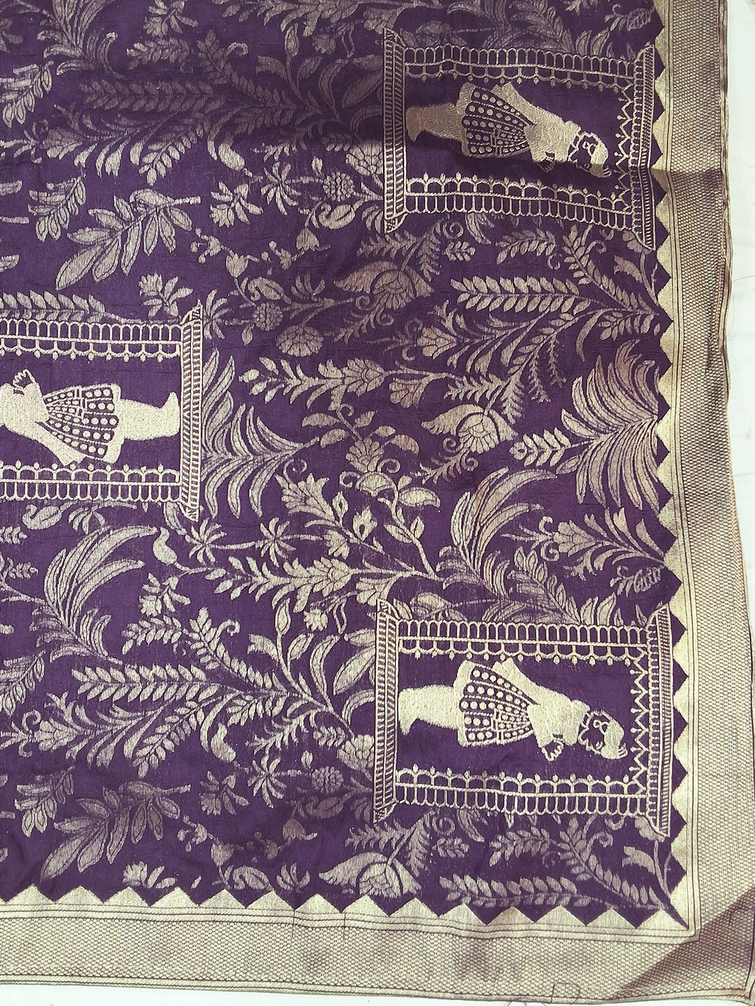 Purple Zari Embroidered Palace Motif Dress Material with Woven Dupatta
