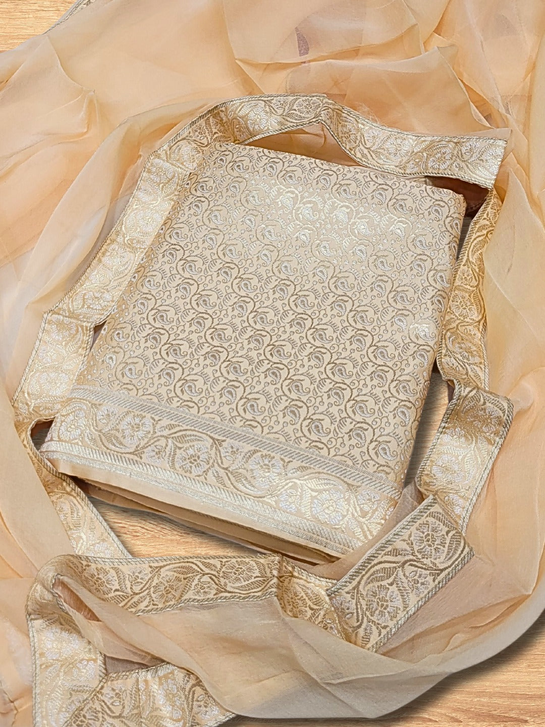 Chhabra 555 Banarasi Brocade Unstitched Suit Dupatta with Flowy Chiffon Dupatta & Paisley pattern