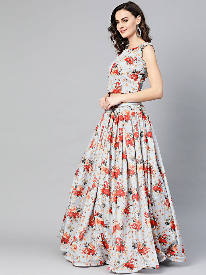 Digital Print Crop Top Lehenga Set with Gota Borders