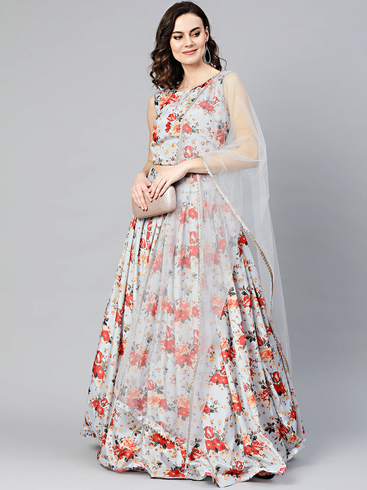 Digital Print Crop Top Lehenga Set with Gota Borders