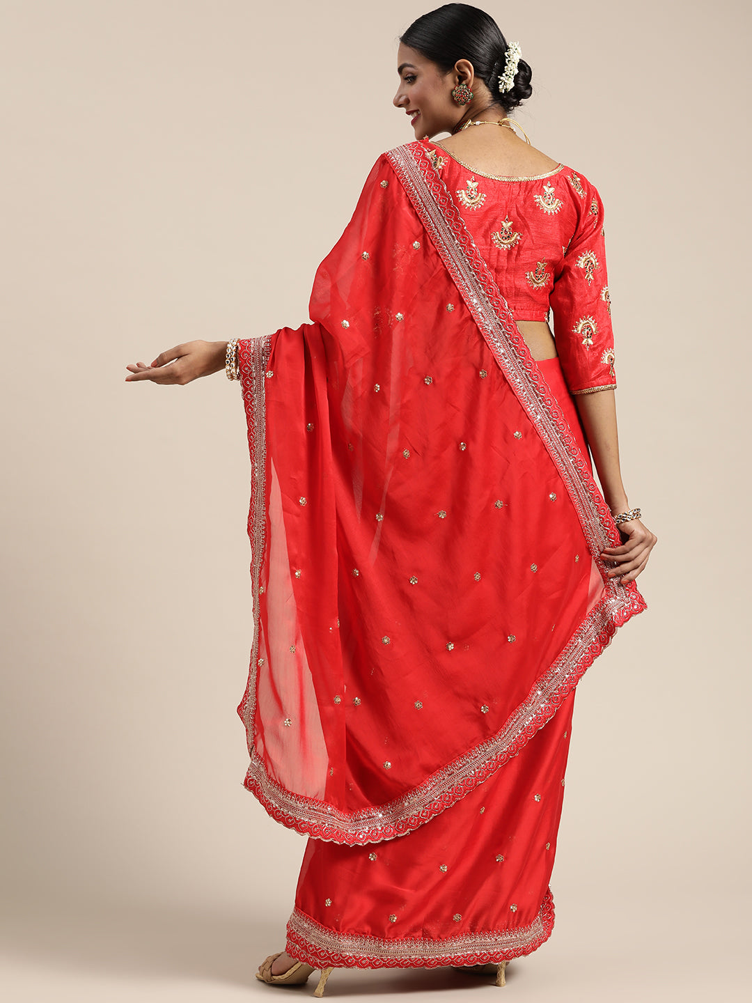 Red Cut-Work Bordered Sequence Saree With Embroidered Blouse