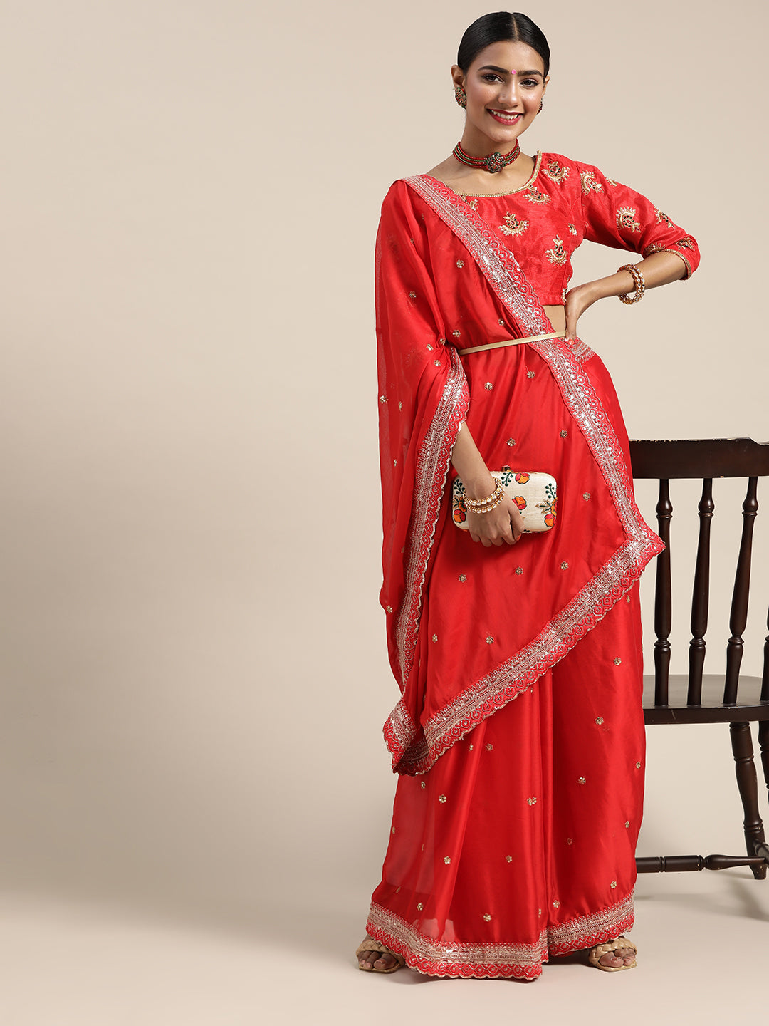 Red Cut-Work Bordered Sequence Saree With Embroidered Blouse