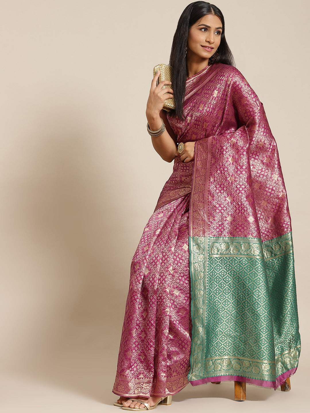 Burgundy Silk Blend Geometric Ikat Banarasi Saree With Contrast Pallu