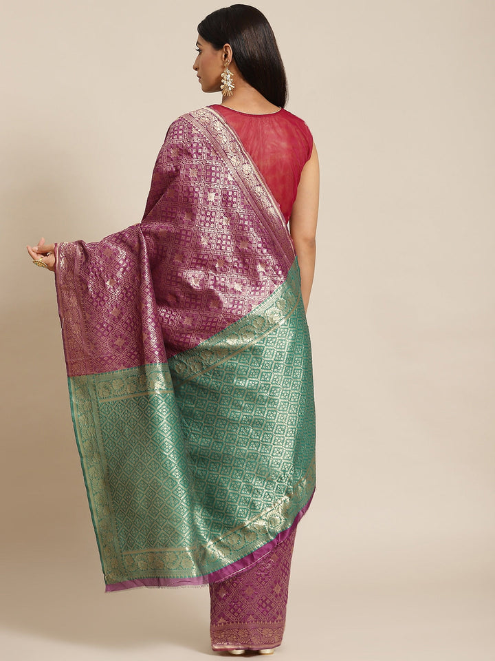 Burgundy Silk Blend Geometric Ikat Banarasi Saree With Contrast Pallu