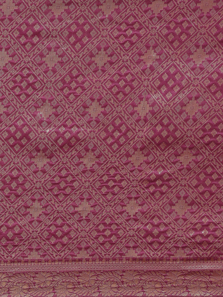 Burgundy Silk Blend Geometric Ikat Banarasi Saree With Contrast Pallu