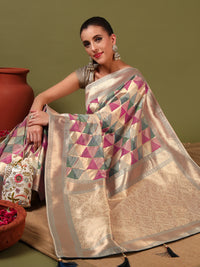 Chhabra 555 Handloom Banarasi Organza Silk Saree with Geometric Ombre Zari Meenakari Weaving