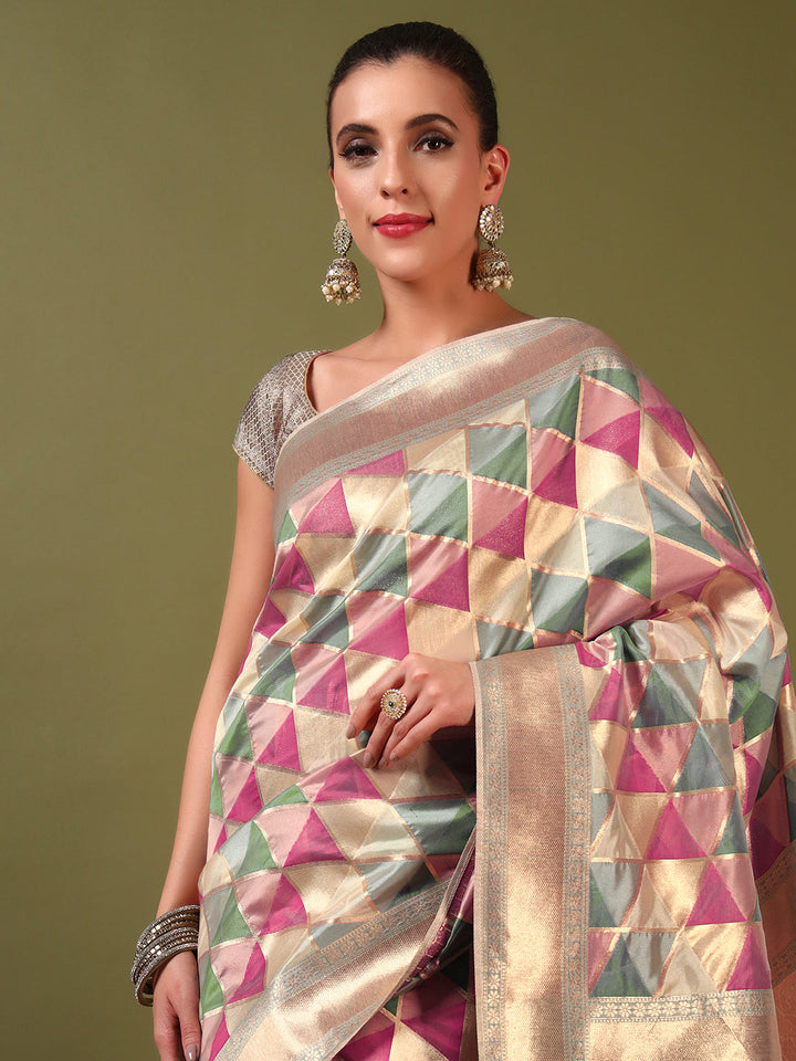 Handloom Banarasi Organza Silk Saree with Geometric Ombre Zari Meenakari Weaving