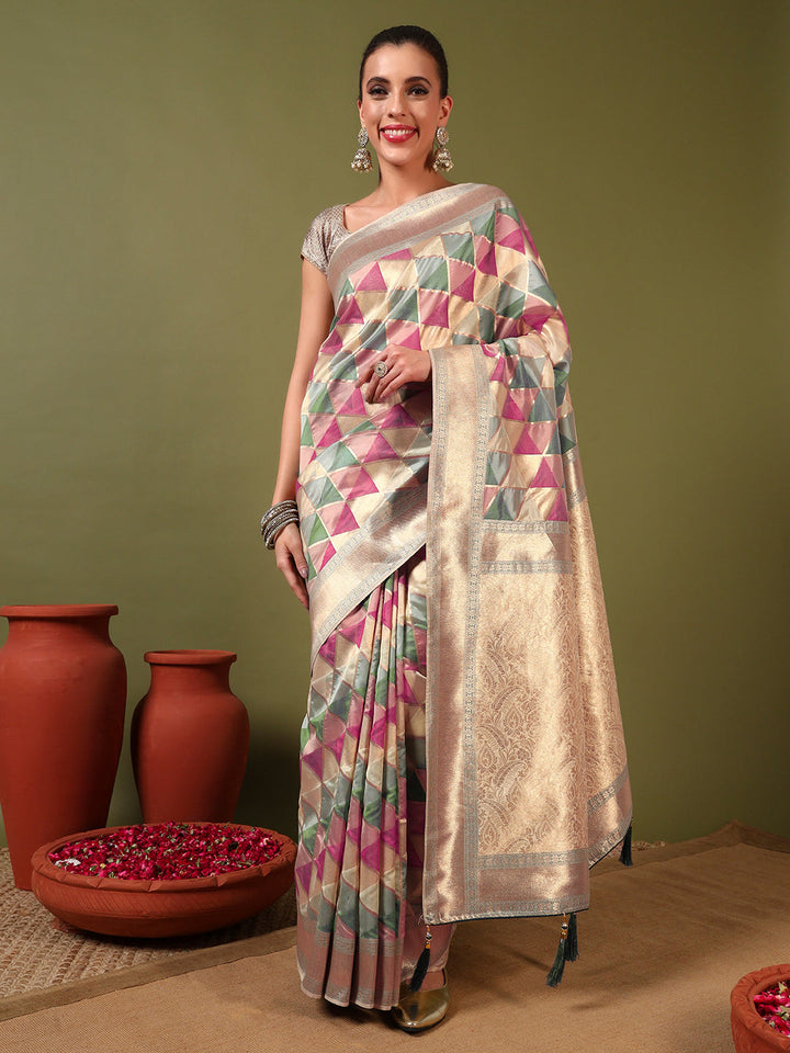 Handloom Banarasi Organza Silk Saree with Geometric Ombre Zari Meenakari Weaving