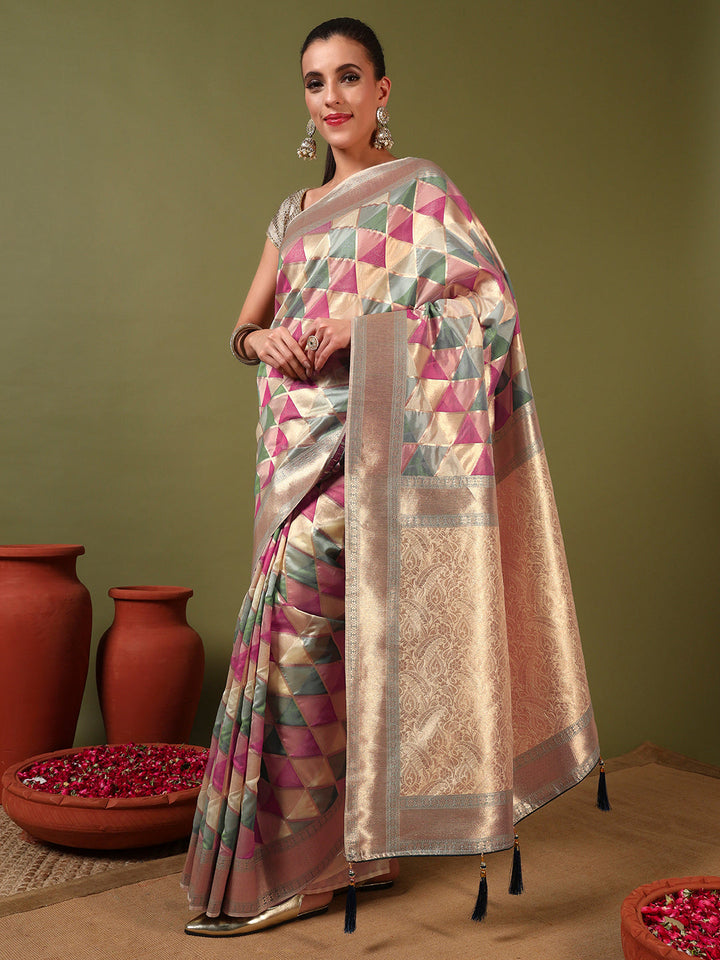 Handloom Banarasi Organza Silk Saree with Geometric Ombre Zari Meenakari Weaving