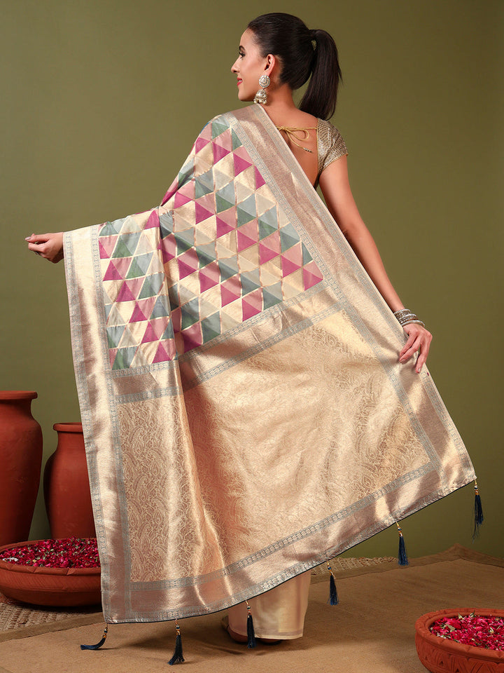 Handloom Banarasi Organza Silk Saree with Geometric Ombre Zari Meenakari Weaving